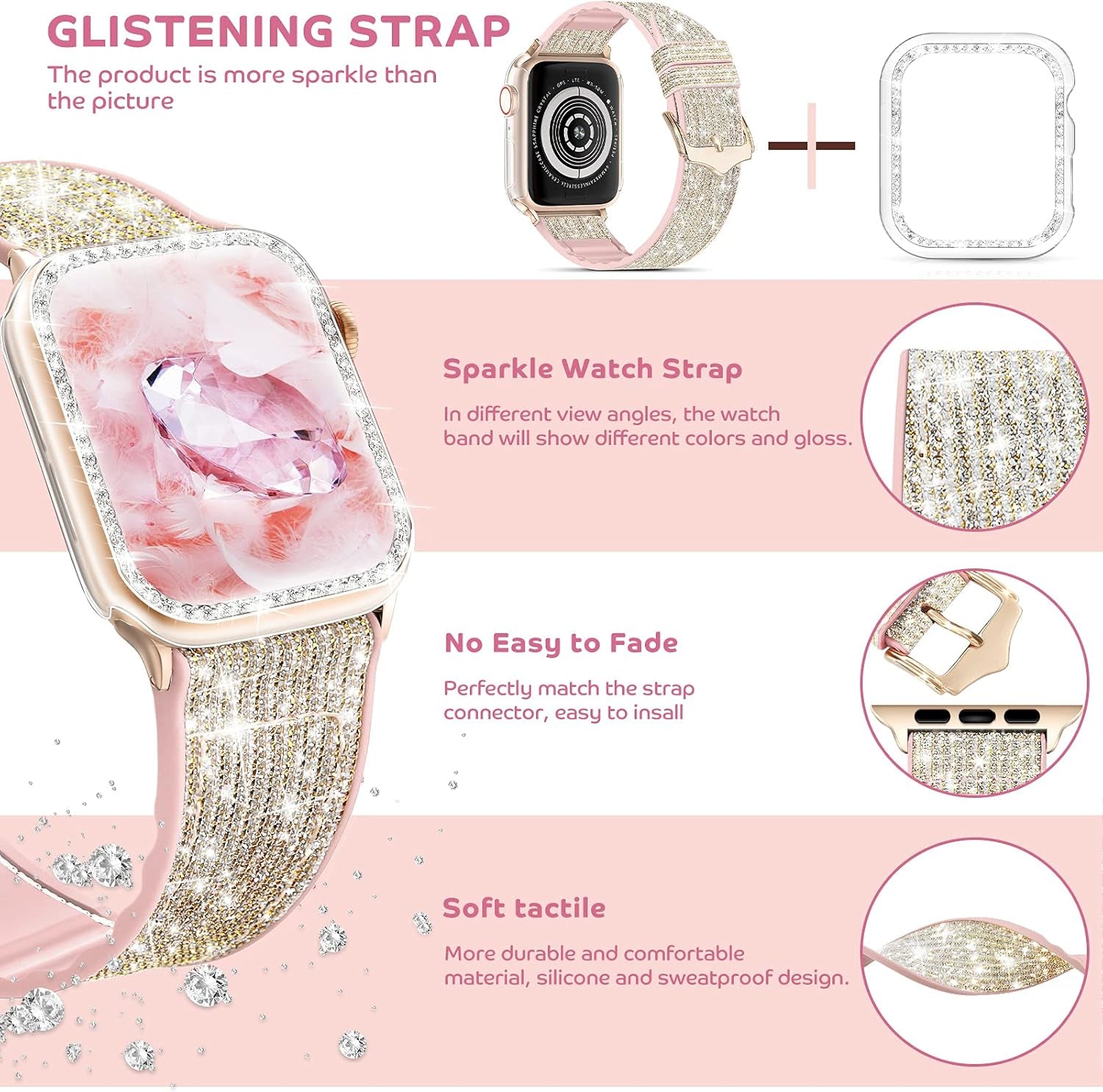 Compatible with Apple Watch Band 38Mm 40Mm 42Mm 44Mm with Case, Glitter Strap for Women, Sweatproof Genuine Leather and Silicone Band for Iwatch Series 6/5/4/3/2/1