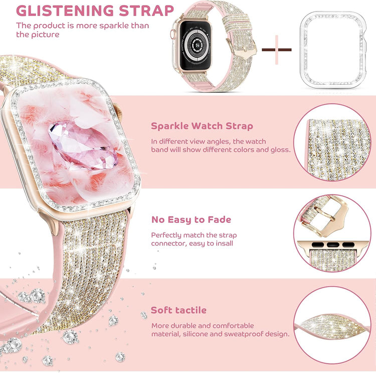 Compatible with Apple Watch Band 38Mm 40Mm 42Mm 44Mm with Case, Glitter Strap for Women, Sweatproof Genuine Leather and Silicone Band for Iwatch Series 6/5/4/3/2/1