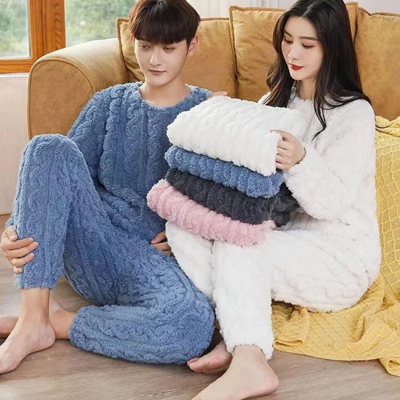 Winter Pajamas Sets Homewear Solid Color Loose Thickened Coral Velvet Pullover Long Sleeves And Trousers Warm Pajamas Indoor Outdoor Casual Clothes - Get Me Products