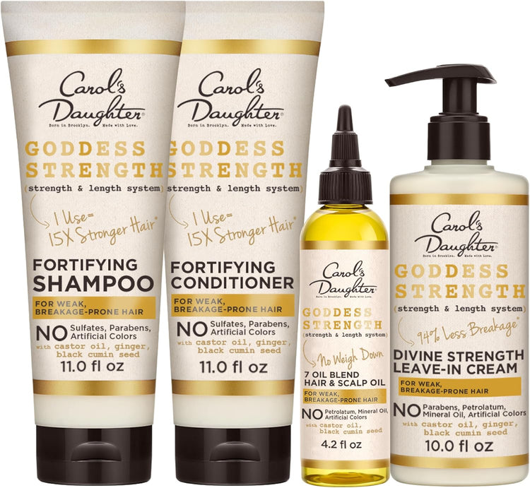 Goddess Strength Sulfate Free Shampoo, Hair Conditioner, Leave in Conditioner & Hair Treatment Oil Made with Castor Oil (4 Products)