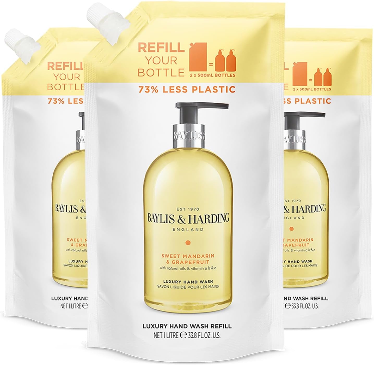 Sweet Mandarin & Grapefruit Hand Wash Refill Pouch - 1 Litre x 3 Pack - Vegan Friendly Luxury Cleanse