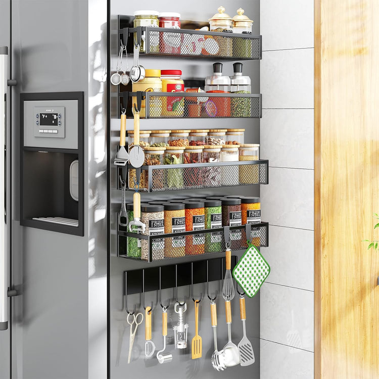 Magnetic Spice Rack for Refrigerator, 2 Pack Magnetic Shelf, Fridge Magnet Organizer with Moveable 4 Hooks, Magnet Fridge Shelf for Kitchen Organization and Storage (2 Pack)
