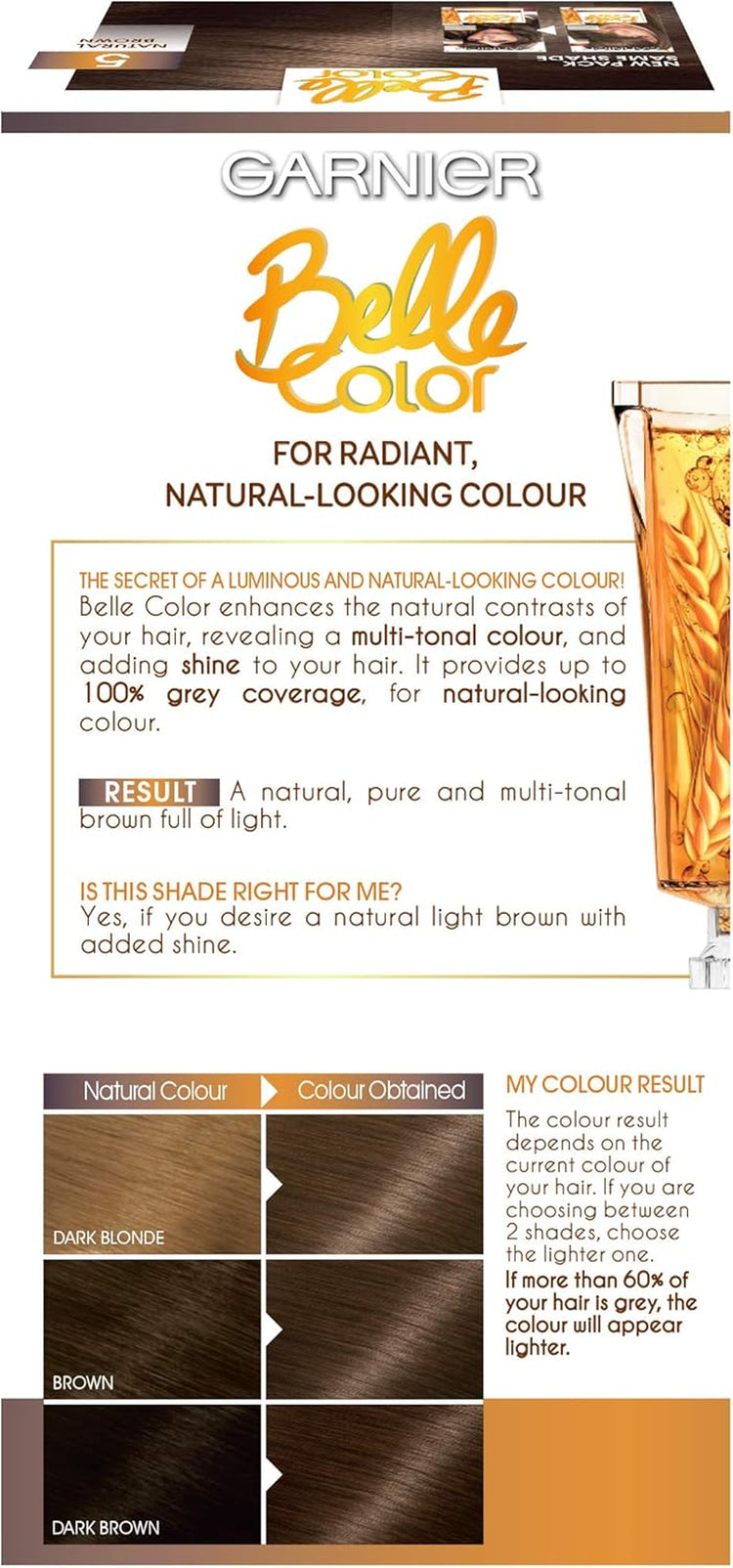 Belle Color Brown Hair Dye Permanent, Natural Looking Hair Colour, up to 100% Grey Coverage - 5 Natural Brown Pack of 3