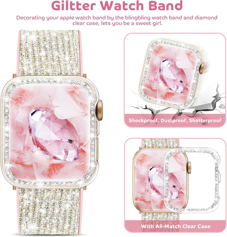 Compatible with Apple Watch Band 38Mm 40Mm 42Mm 44Mm with Case, Glitter Strap for Women, Sweatproof Genuine Leather and Silicone Band for Iwatch Series 6/5/4/3/2/1