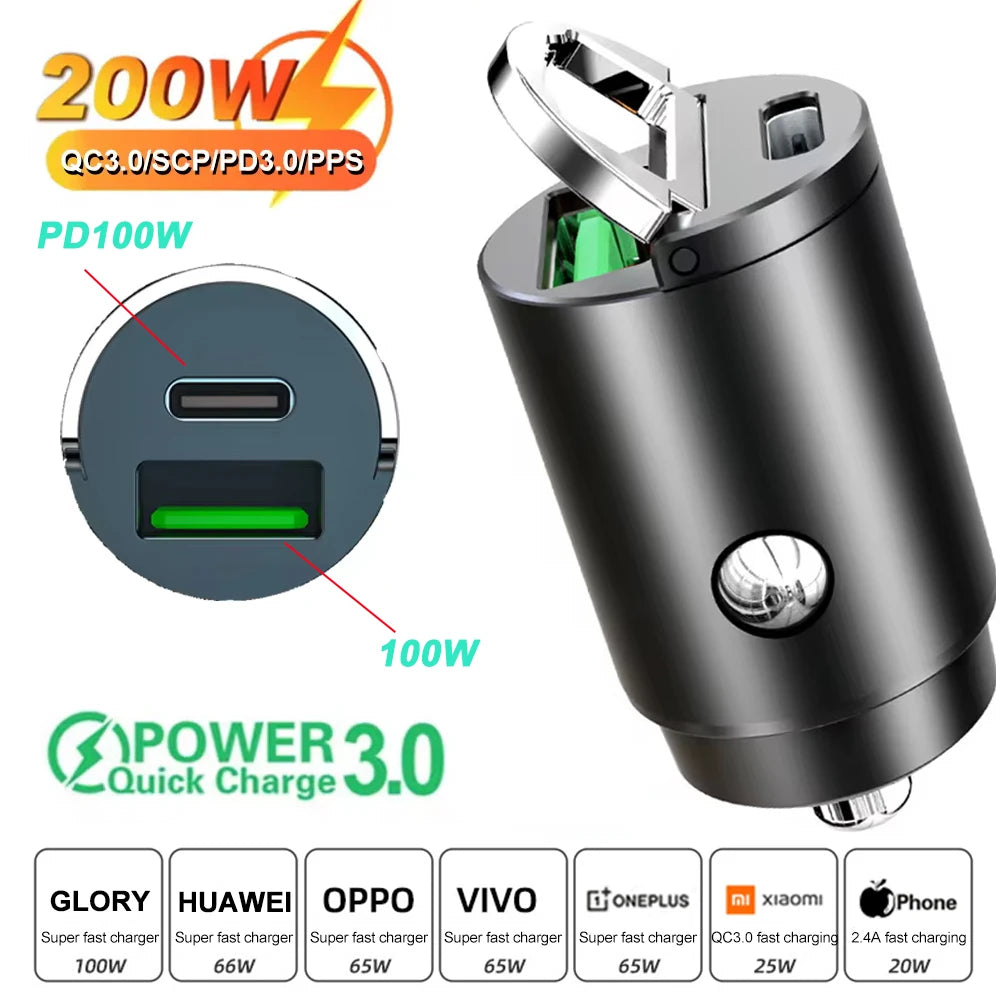 Car 100-200W Dual Port Mini USB Charger Ultra Fast Charging Cigarette Lighter Socket 12-24V Aluminum Cell Phone Charging Adapter