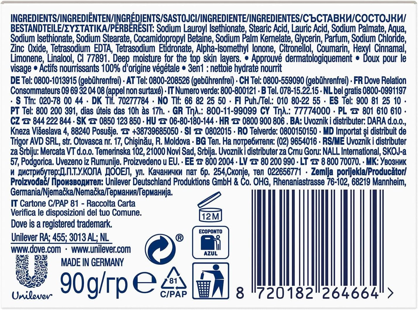 Orginal Beauty Cream Bar 3 in 1 Cleanses, Moisturises and Nourishes Sulphate-Free Bath Soap for Soft and Smooth Skin, Suitable for Daily Use, 8X90G