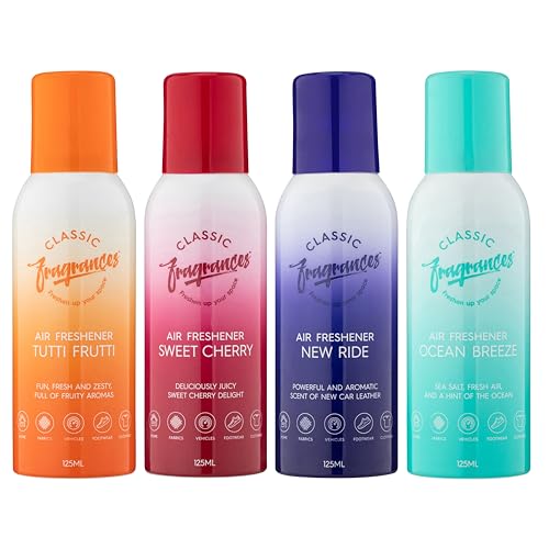 Classic Fragrances 4 Pack Tutti Frutti - Fun, Fresh, Zesty & Fruity Aroma Air Freshener Spray - For Home & Vehicles – Long Lasting Smell, Portable Spray Can – Deodorise & Neutralise Odours – 125ml - Get Me Products