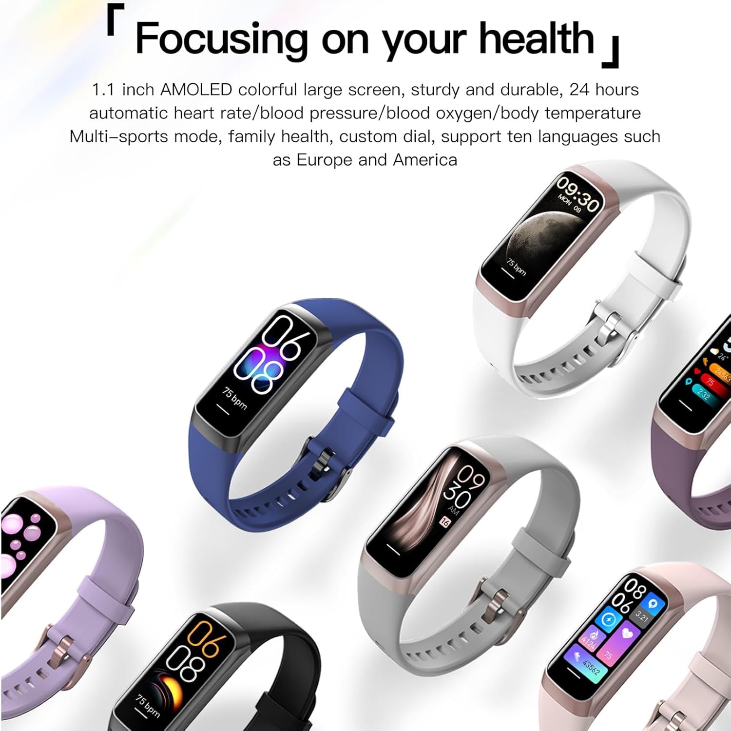 Keep Health Fitness Trackers for Women Men Amoled Step Counter Slim Thin 25 Sports Modes with Heart Rate Blood Pressure Monitor Alarm Stopwatch Timer Calories Burned IP68 Step Tracker Watch