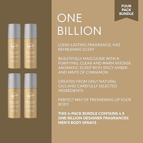 Designer Fragrances 4 Pack One Billion Men's Body Spray Deodorant Cans - For Instant Freshness on The Go - Long Lasting Smell - Great Male Gift Sets - 150ml