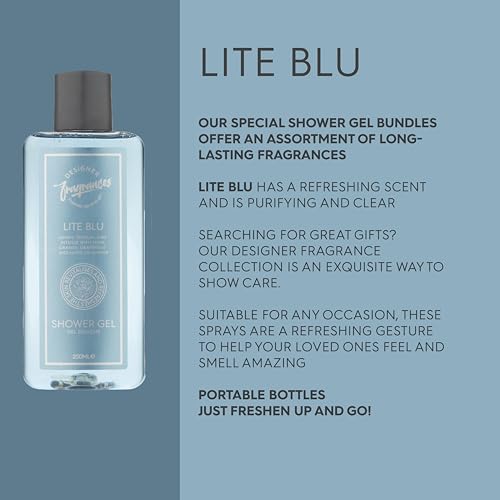 Designer Fragrances Lite Blu Men's Bundle - Each Package Includes 2 x 150ml Body Spray Deodorant Cans - 2 x 250ml Shower Gels - For Instant Freshness - Long Lasting Smell - Great Male Gift Sets