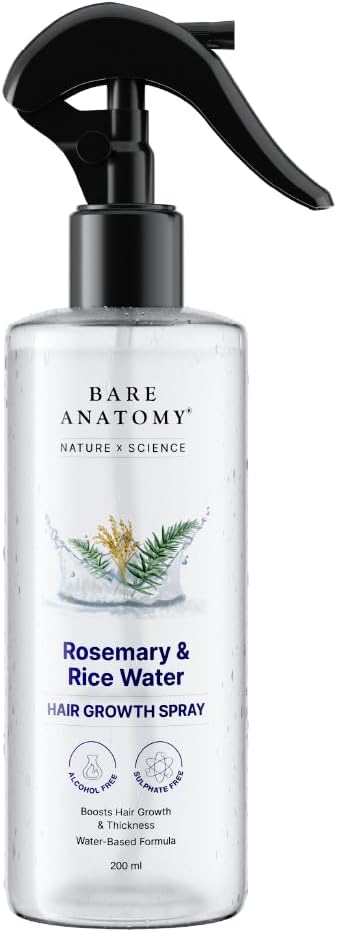 Bare Anatomy Nature x Science Rosemary Water Spray for Hair Growth & Hair Thickness with Rice Water |100% Natural Extract | Soft & Smooth Hair| Controls Hairfall| Non-Greasy & Fast Absorbing | 200 ml