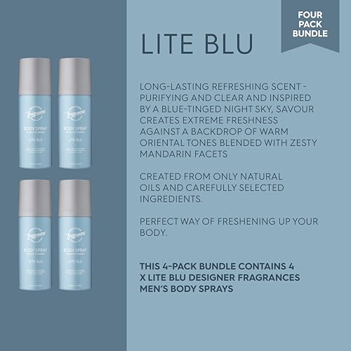 Designer Fragrances Lite Blu Men's Bundle - Each Package Includes 2 x 150ml Body Spray Deodorant Cans - 2 x 250ml Shower Gels - For Instant Freshness - Long Lasting Smell - Great Male Gift Sets