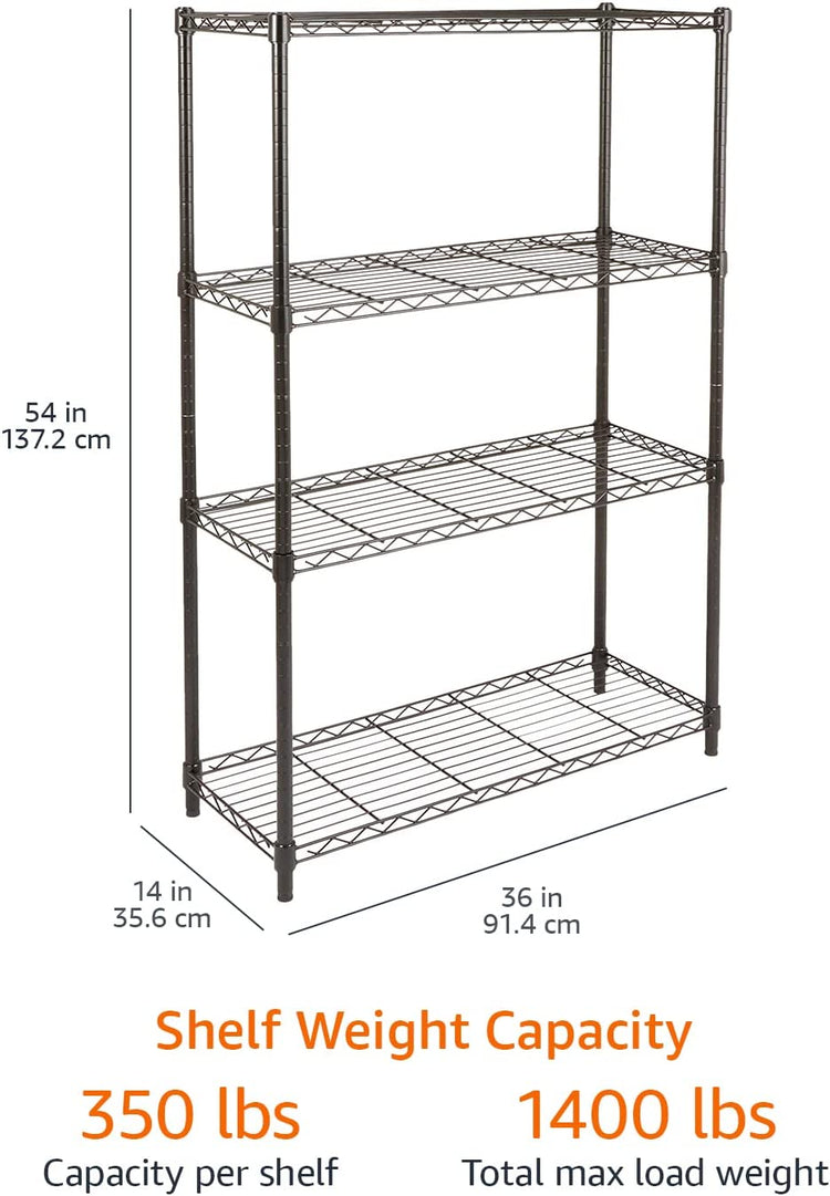 4-Shelf Storage Unit with Height Adjustable Shelves and Levelling Feet, 640 Kg Max Weight, Black, 35.6 Cm D X 91.4 Cm W X 137.1 Cm H