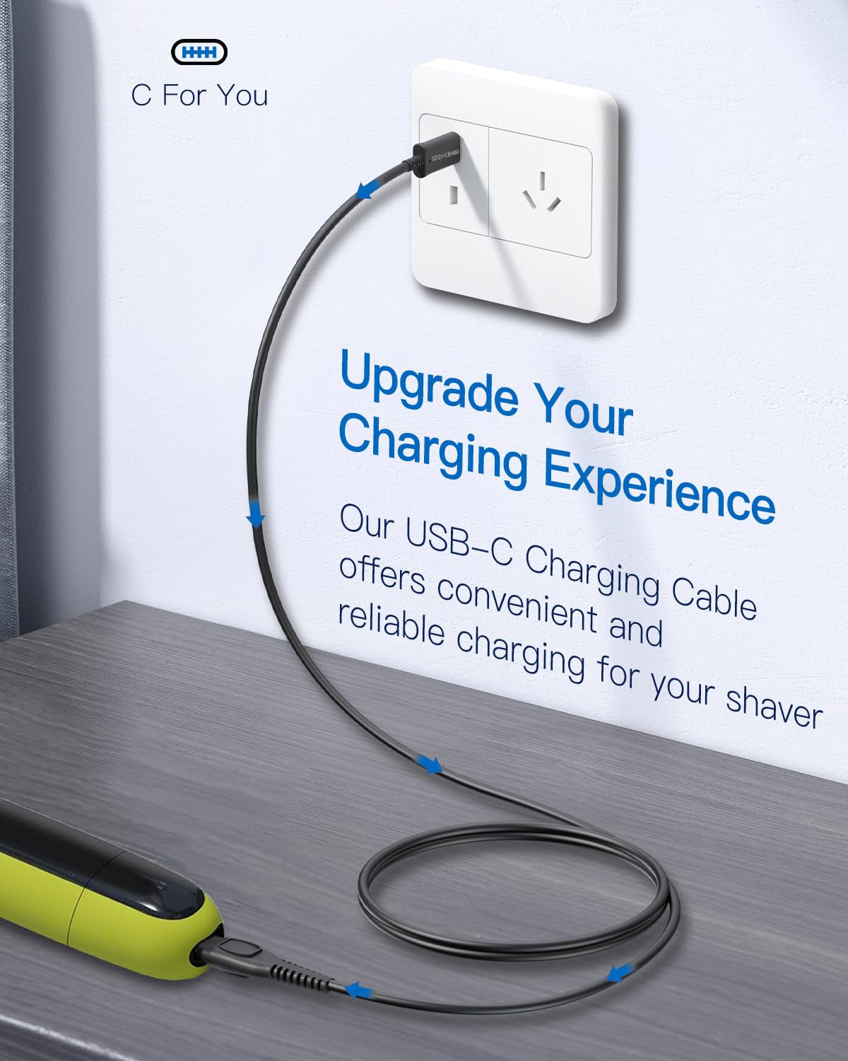 15V Type-C Charger Cable Fit for Philips Norelco HQ8505 7000 5000 3000 9000 2000 Series, USB-C Power Cord for Oneblade Electric Shaver Razor QG BG HQ RQ XL XLCC X HS QC QT QS at PT Series, 3.28 FT