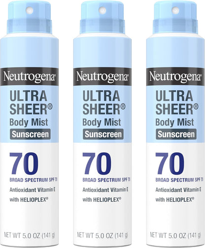 Ultra Sheer Body Mist Sunscreen Spray Broad Spectrum SPF 70, Lightweight, Non-Greasy & Water Resistant, Oil-Free & Non-Comedogenic UVA/UVB Sunscreen Mist, 5 Oz (Pack of 3)