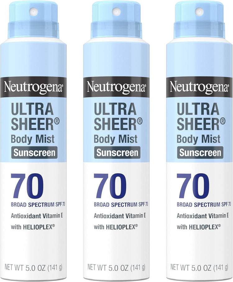 Ultra Sheer Body Mist Sunscreen Spray Broad Spectrum SPF 70, Lightweight, Non-Greasy & Water Resistant, Oil-Free & Non-Comedogenic UVA/UVB Sunscreen Mist, 5 Oz (Pack of 3)