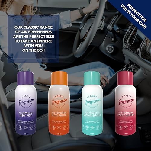 Classic Fragrances 4 Pack Tutti Frutti - Fun, Fresh, Zesty & Fruity Aroma Air Freshener Spray - For Home & Vehicles – Long Lasting Smell, Portable Spray Can – Deodorise & Neutralise Odours – 125ml