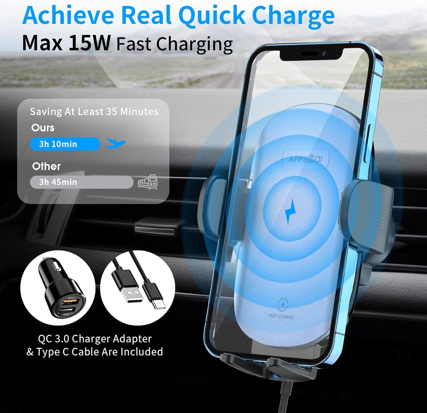 Car Phone Holder Mount Wireless Charging, 15W Wireless Car Charger Mount, Windshield Dash Phone Holder [With QC 3.0 Adapter] Compatible with Iphone 13 12 Mini 11 Pro Max, Samsung, Lg-Iron Gray