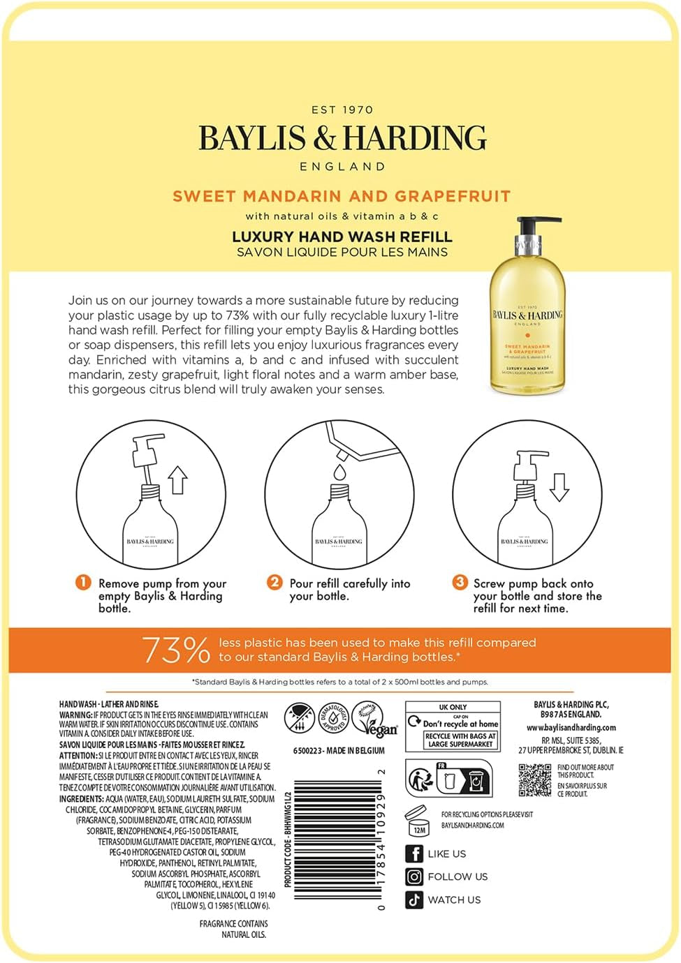 Sweet Mandarin & Grapefruit Hand Wash Refill Pouch - 1 Litre x 3 Pack - Vegan Friendly Luxury Cleanse