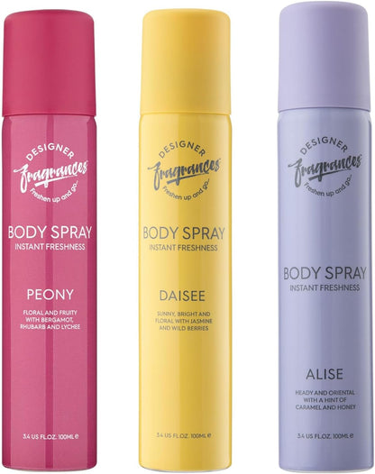 Designer Fragrances Body Spray for Women – Set of 3 (Peony, Daisee & Alise) Floral, Fruity & Oriental Scents with Jasmine, Bergamot & Caramel