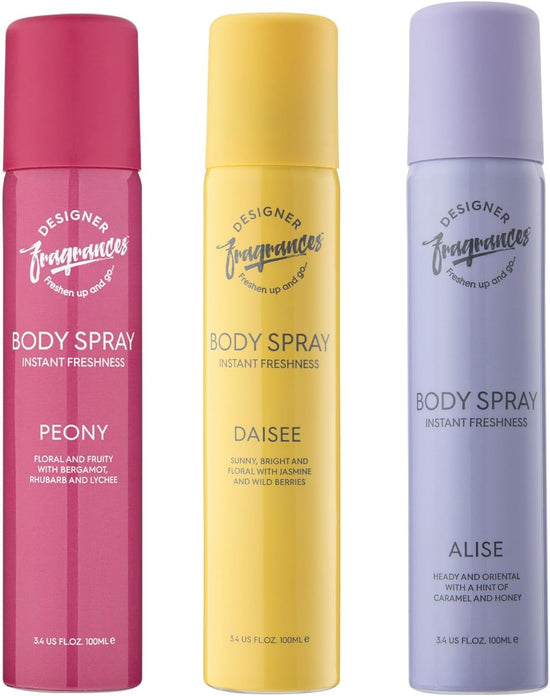 Designer Fragrances Body Spray for Women – Set of 3 (Peony, Daisee & Alise) Floral, Fruity & Oriental Scents with Jasmine, Bergamot & Caramel