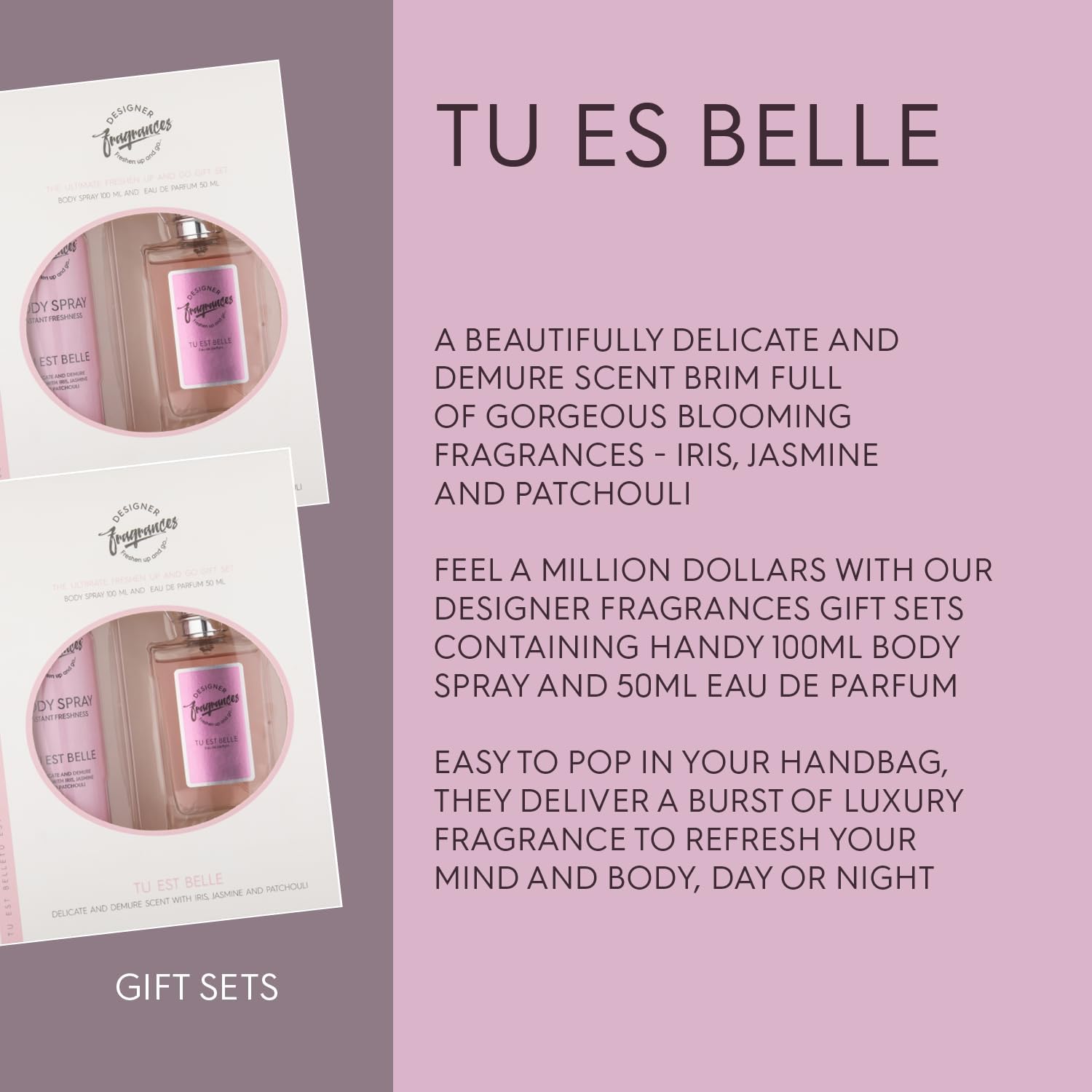 Designer Fragrances Tu Est Belle Female Twin Gift Set - Includes 2 x 100ml Body Spray Deodorant Cans, 2 x 50ml Women’s Eau De Parfum Sprays - For Instant Freshness on The Go - Long Lasting Smells