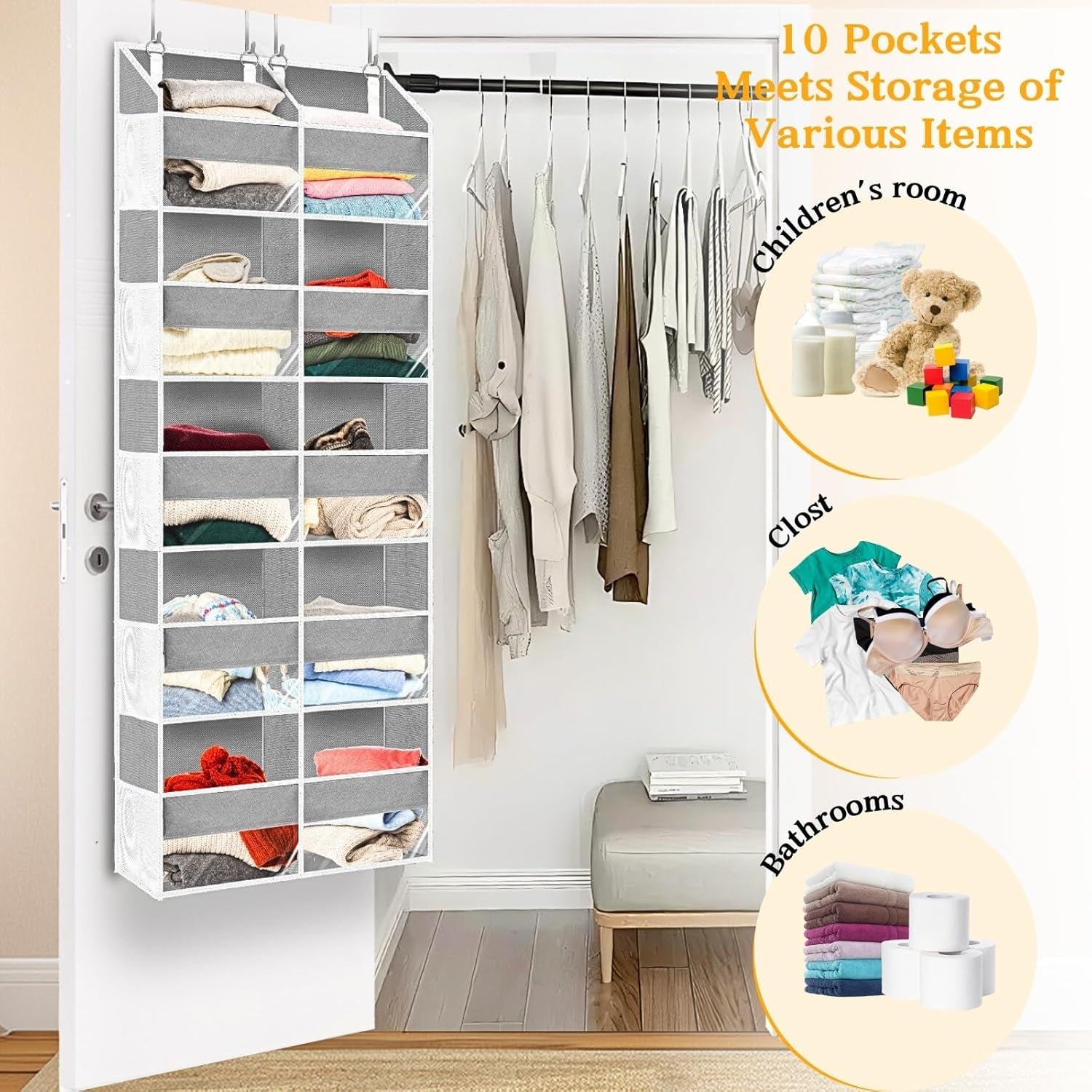 Extra Large 5-Tier Over the Door Organizer - 20 Pockets for Toys, Shoes, Diapers & More - 80Lb Capacity - Light Grey with Clear Window