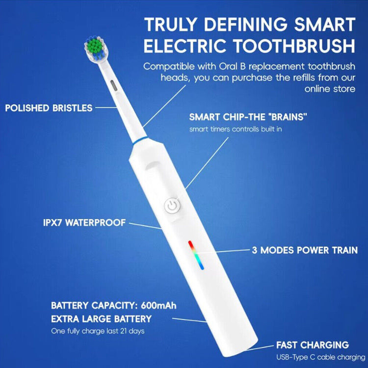 Toothbrush Electric Rechargeable Pro Rotating Brush Heads Timer Modes USB - Get Me Products