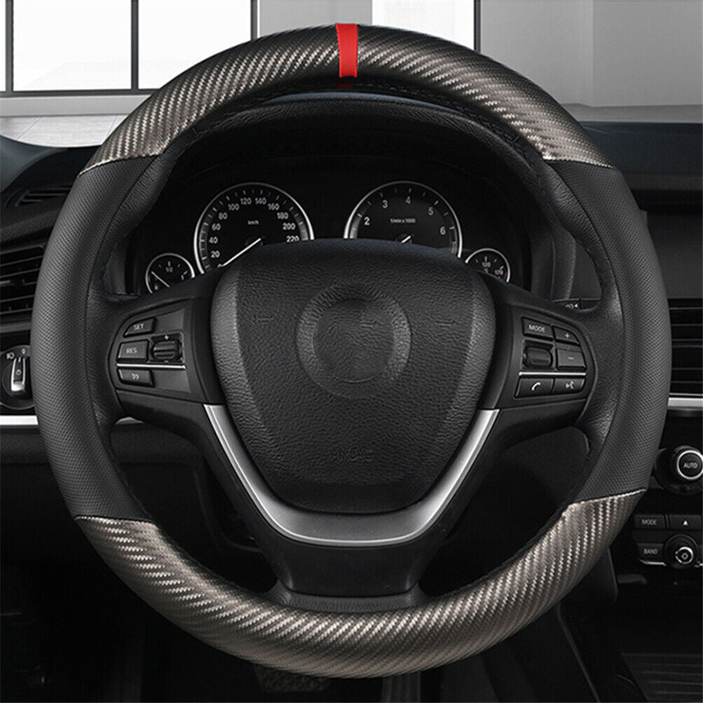Carbon Fiber Perforated Leather Car Steering Wheel Cover 38cm Universal Interior - Get Me Products