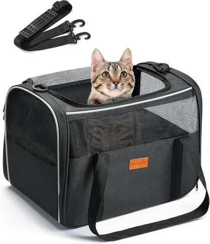 Cat Carrier, Portable Pet Carrier Bag for Cats and Small Dogs, Foldable Soft Sided Cat Transport Carrier, Airline Approved Pet Travel Carrier with Shoulder Strap, Removable Mat and Pet Bowl