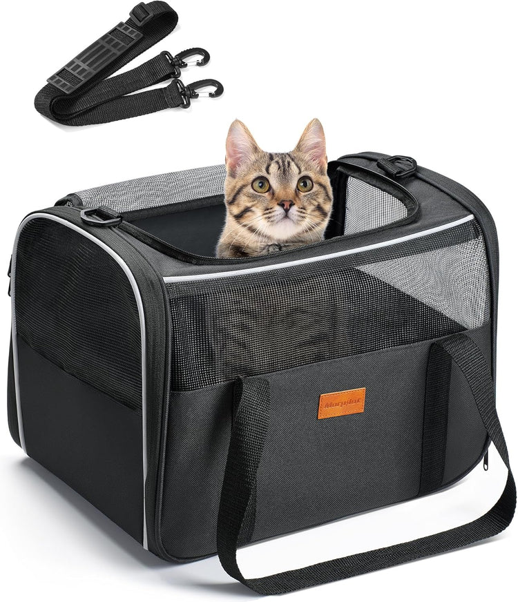 Cat Carrier, Portable Pet Carrier Bag for Cats and Small Dogs, Foldable Soft Sided Cat Transport Carrier, Airline Approved Pet Travel Carrier with Shoulder Strap, Removable Mat and Pet Bowl