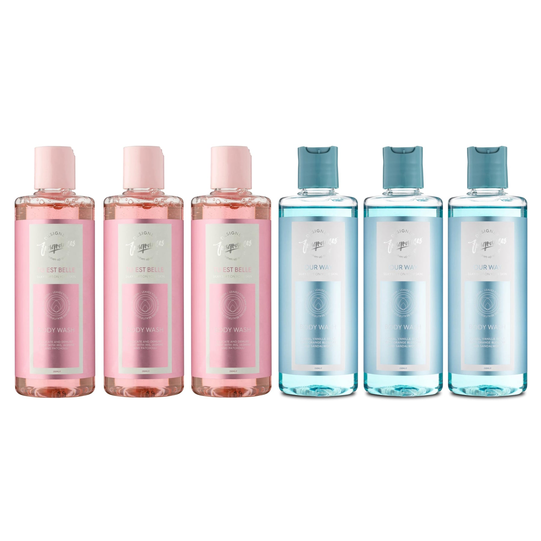 Designer Fragrances 6 Pack Tu Est Belle Bundle - Women's Feminine Body Wash Shower Gels Bottles - For Silky Soft, Beautifully Smelling Divine & Fresh Skin, Revitalizing, Hydrating - 250ml