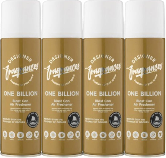 Designer Fragrances 4 Pack One Billion Air Freshener Blast Can- For Home & Vehicles – Natural Oils, Luxury Lasting Smell, Dry Mist Quick Release Spray – Deodorise & Neutralise Odours – 300ml - Get Me Products