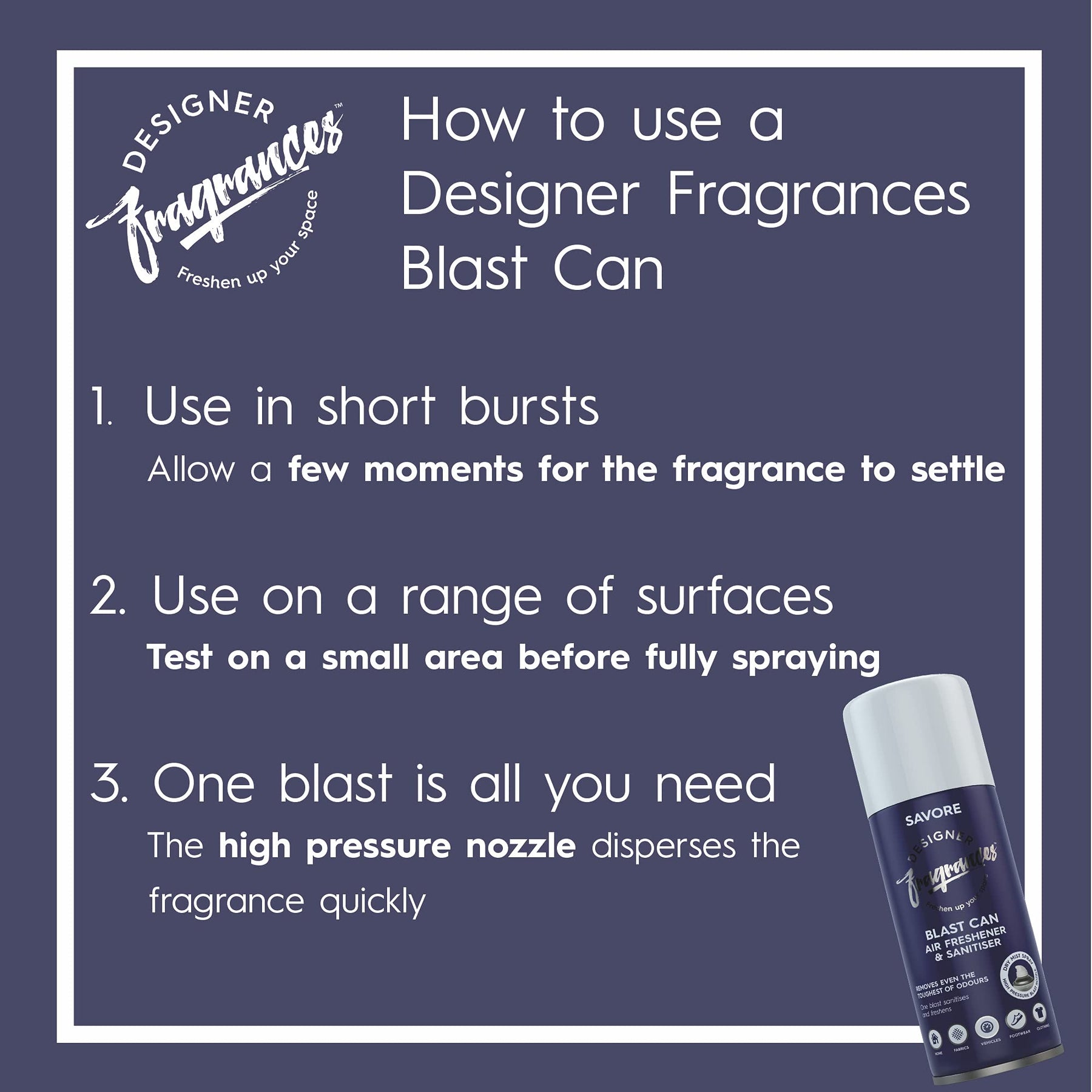 Designer Fragrances Fleur Blast Can – Air Freshener & Sanitiser, Use in the Car, At Home, On Furniture, On Shoes – Dry Mist Quick Release Spray – Spray Once to Deodorize & Neutralise Smells – 400ml