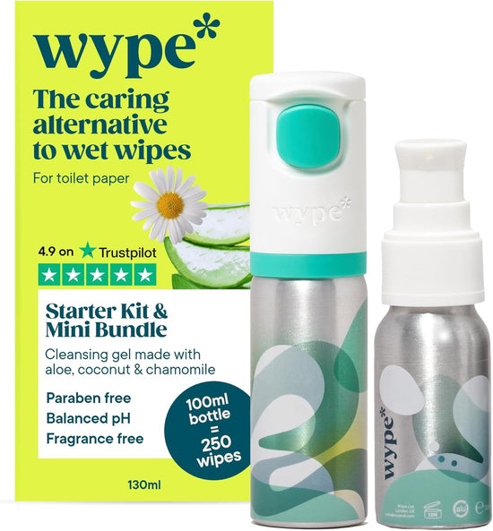 Wype | Flushable Wet Wipe Alternative Kit | Starter Kit & Mini Bundle | Toilet Roll Gel | Holiday Essentials | COSMOS Organic | 1 x Applicator, 1 x Refill (100ml), 1 x Mini (30ml)