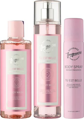 Designer Fragrances 3 Pack Tu Est Belle Bundle - Women's Feminine Body Wash, Deodorant Body Sprays & Mist Sprays - For Instant Freshness, Silky Soft, Beautifully Smelling Fresh Skin, Revitalizing