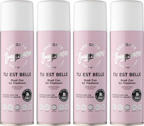 Designer Fragrances 4 Pack Tu Est Belle Air Freshener Blast Cans - For Home & Vehicles – Natural Oils, Luxury Lasting Smell, Dry Mist Quick Release Spray – Deodorise & Neutralise Odours – 300ml