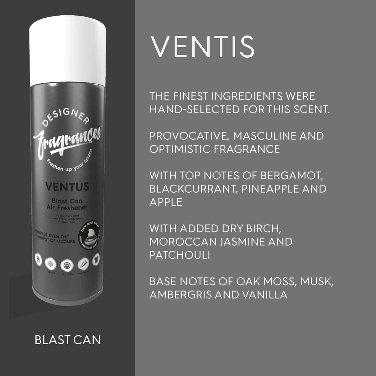 Designer Fragrances 4 Pack Ventus Air Freshener Blast Cans - For Home & Vehicles – Natural Oils, Luxury Lasting Smell, Dry Mist Quick Release Spray – Deodorise & Neutralise Odours – 300ml