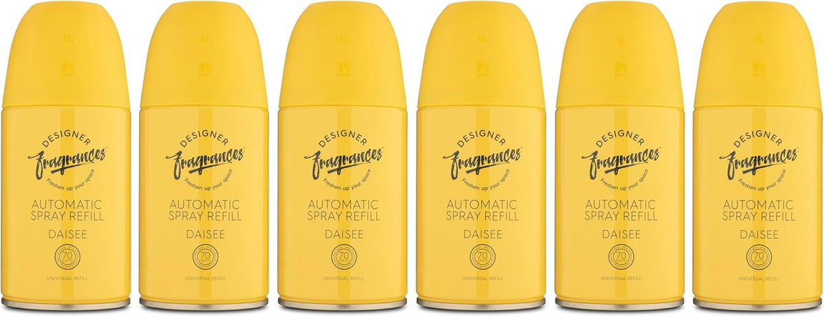 Designer Fragrances 6 Pack Daisee Automatic Room Spray Universal Refill Air Freshener Cans - For Home & Vehicles – Upto 70 Days of Luxury Lasting Smell - Deodorise & Neutralise Odours – 250ml