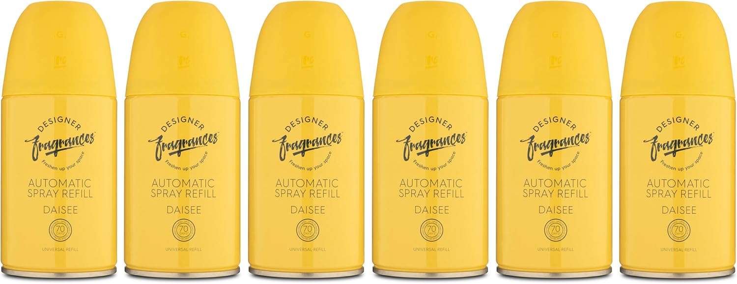 Designer Fragrances 6 Pack Daisee Automatic Room Spray Universal Refill Air Freshener Cans - For Home & Vehicles – Upto 70 Days of Luxury Lasting Smell - Deodorise & Neutralise Odours – 250ml