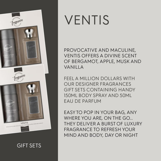 Designer Fragrances Ventus Male Twin Gift Set - Includes 2 x 150ml Body Spray Deodorant Cans, 2 x 50 ml Men’s Eau De Parfum Aftershave Sprays - For Instant Freshness on The Go - Long Lasting Smells - Get Me Products