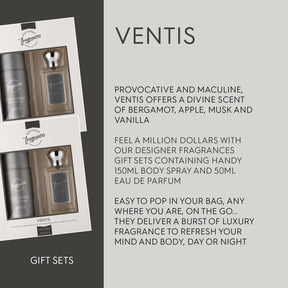 Designer Fragrances Ventus Male Twin Gift Set - Includes 2 x 150ml Body Spray Deodorant Cans, 2 x 50 ml Men’s Eau De Parfum Aftershave Sprays - For Instant Freshness on The Go - Long Lasting Smells