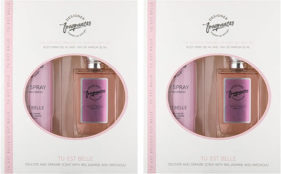 Designer Fragrances Tu Est Belle Female Twin Gift Set - Includes 2 x 100ml Body Spray Deodorant Cans, 2 x 50ml Women’s Eau De Parfum Sprays - For Instant Freshness on The Go - Long Lasting Smells - Get Me Products