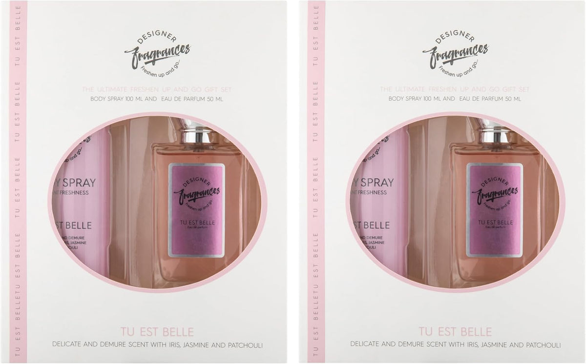 Designer Fragrances Tu Est Belle Female Twin Gift Set - Includes 2 x 100ml Body Spray Deodorant Cans, 2 x 50ml Women’s Eau De Parfum Sprays - For Instant Freshness on The Go - Long Lasting Smells