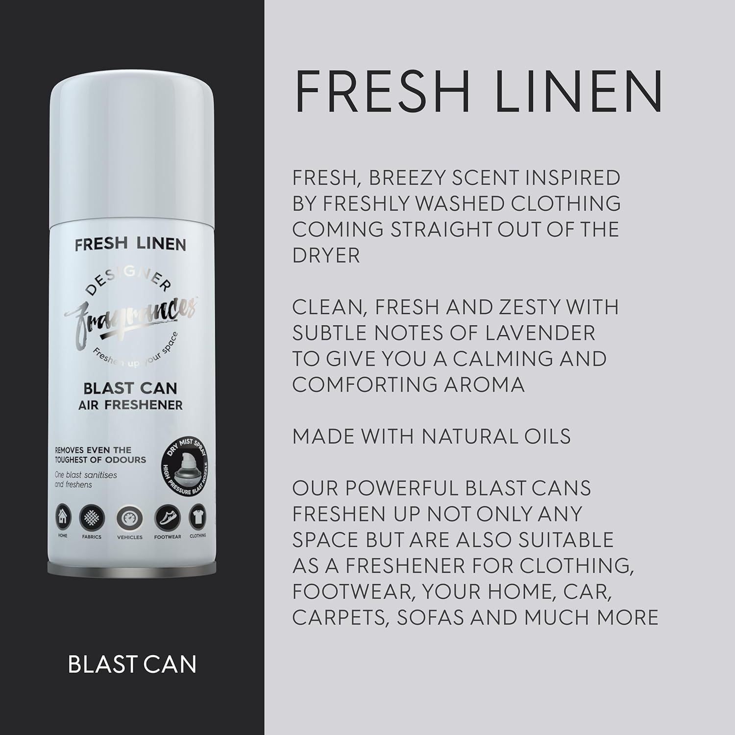 Designer Fragrances 4 Pack Fresh Linen Air Freshener Blast Cans - For Home & Vehicles – Natural Oils, Luxury Lasting Smell, Dry Mist Quick Release Spray – Deodorise & Neutralise Odours – 300ml