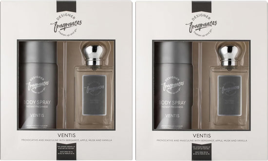 Designer Fragrances Ventus Male Twin Gift Set - Includes 2 x 150ml Body Spray Deodorant Cans, 2 x 50 ml Men’s Eau De Parfum Aftershave Sprays - For Instant Freshness on The Go - Long Lasting Smells - Get Me Products