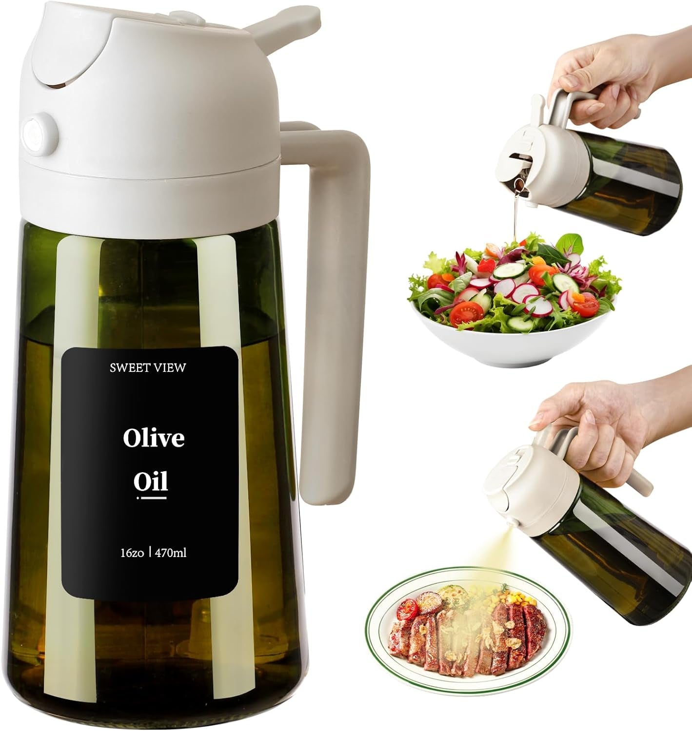 Olive Oil Dispenser and Sprayer, 16Oz/470Ml Glass Light-Proof Pour Bottle, Kitchen Gadgets Accessories for Air Fryer, Cooking, Salad, and BBQ