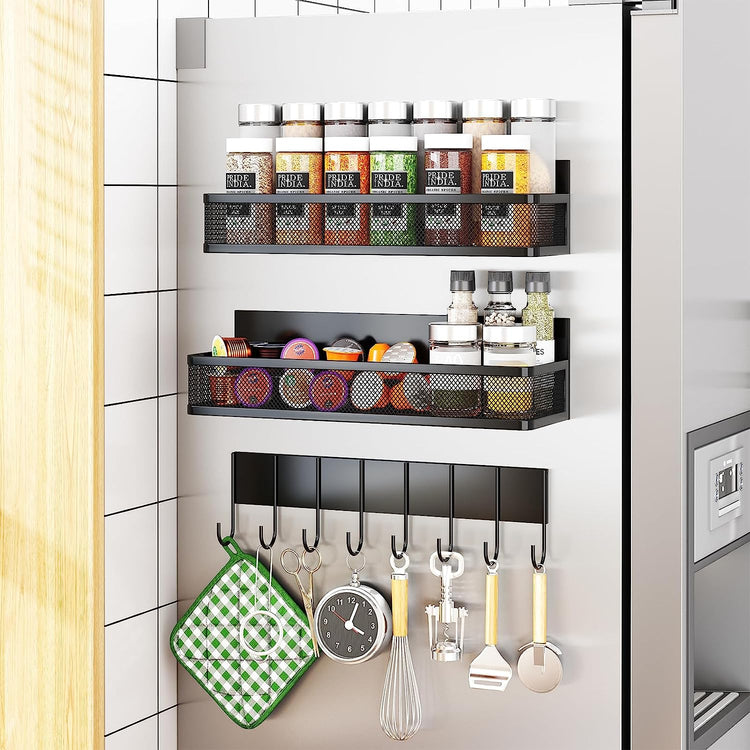 Magnetic Spice Rack for Refrigerator, 2 Pack Magnetic Shelf, Fridge Magnet Organizer with Moveable 4 Hooks, Magnet Fridge Shelf for Kitchen Organization and Storage (2 Pack)