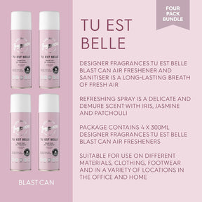 Designer Fragrances 4 Pack Tu Est Belle Air Freshener Blast Cans - For Home & Vehicles – Natural Oils, Luxury Lasting Smell, Dry Mist Quick Release Spray – Deodorise & Neutralise Odours – 300ml