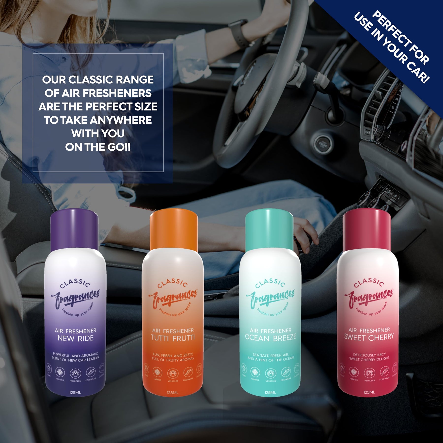 Classic Fragrances 4 Pack Tutti Frutti - Fun, Fresh, Zesty & Fruity Aroma Air Freshener Spray - For Home & Vehicles – Long Lasting Smell, Portable Spray Can – Deodorise & Neutralise Odours – 125ml